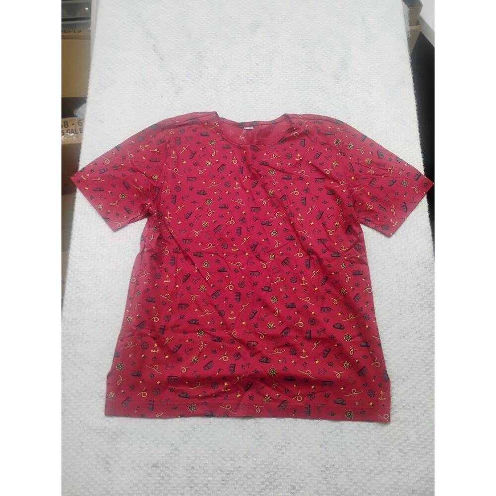 Vintage Nautical All-Over Print T-Shirt Women's Medium Red Coastal Anchor ships